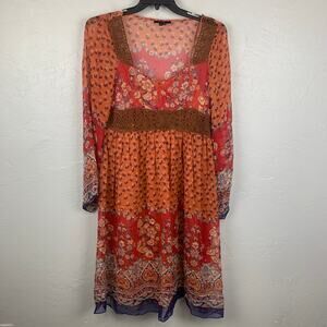Vtg Y2K ECI New York Silk Dress Womens Sz 14 Orange Red V-Neck Long Sleeve Boho